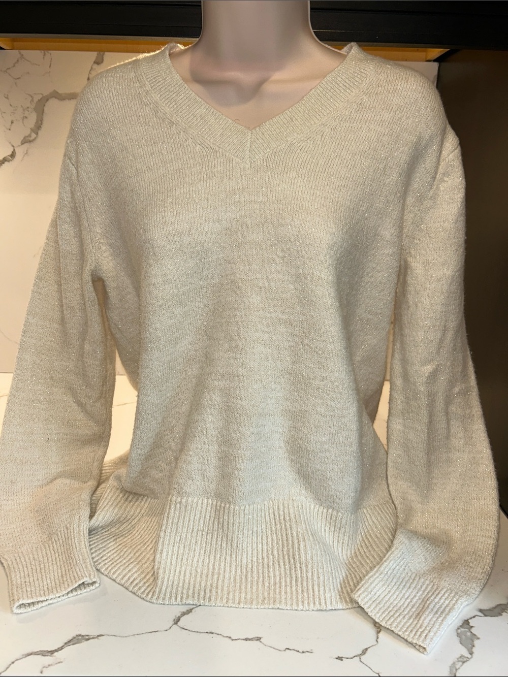 Banana Republic Cream with gold metallic thread V-Neck Women's Sweater